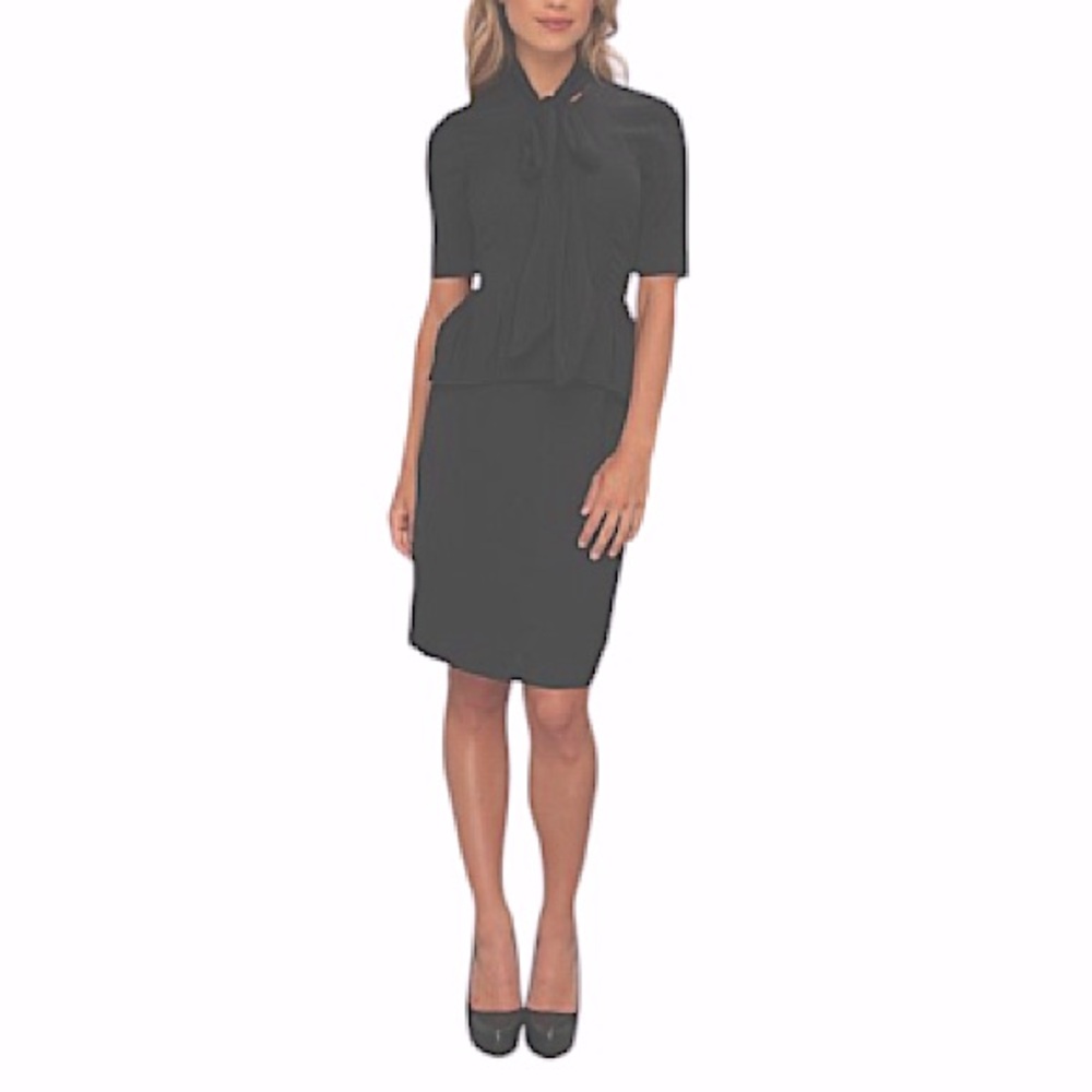 BCBG Maxazria Elegant 💯 %Silk Bow Tie Waist Ruffle Short Sleeve Black Dress